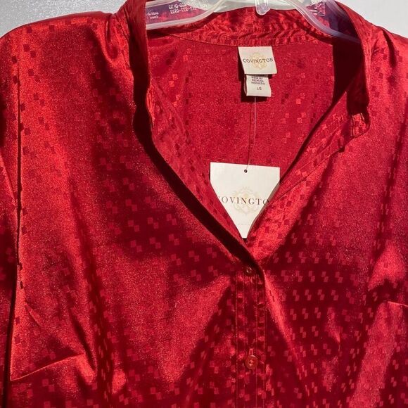 Covington Women's Red Textured Satin Stand Up Collar Woven Blouse Size Large NWT - Picture 3 of 11